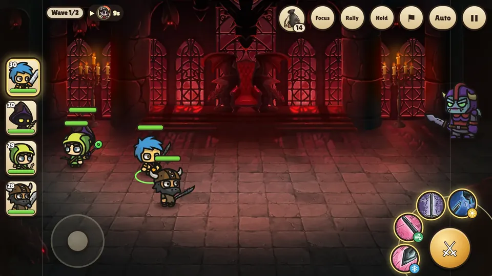 A battle in the Vampire Domain: four heroes face a dark knight in a red throne room