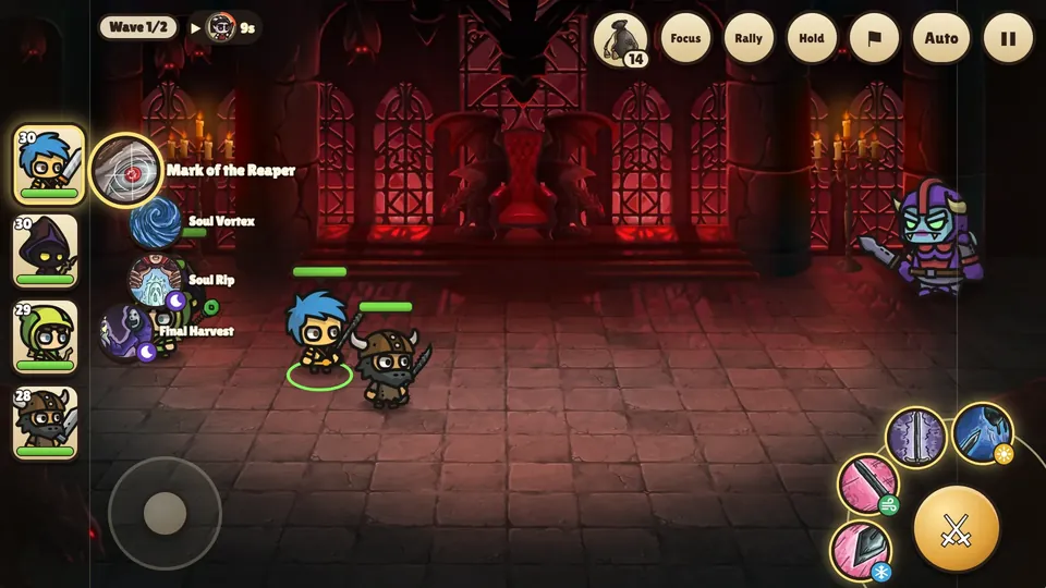 A fan of three skills opening from a hero's portrait mid-battle